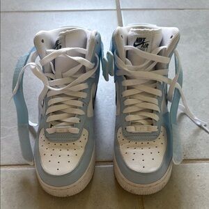 Nike Air Force 1 High Top Sneakers - White and Light Blue